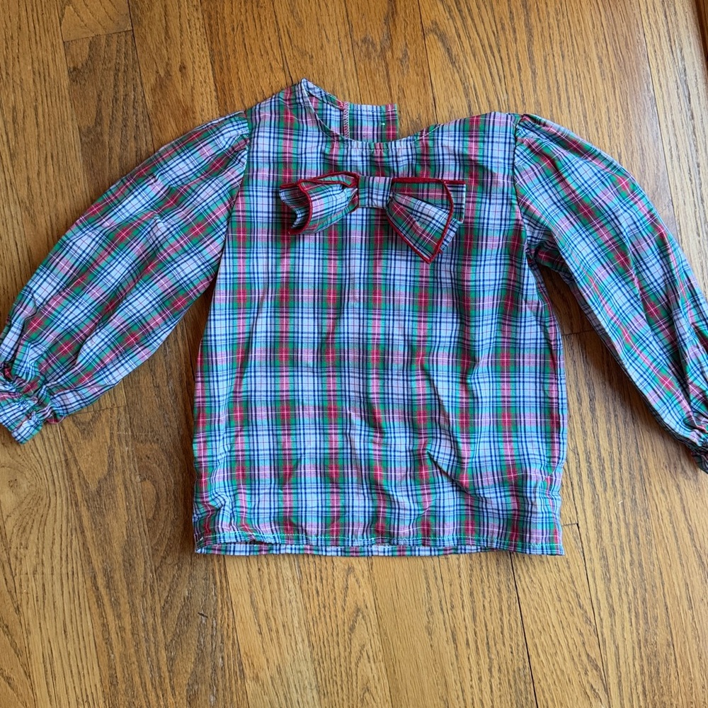 EUC TBBC BEATRICE BOW BLOUSE - PRESTONWOOD PLAID WITH RICHMOND RED